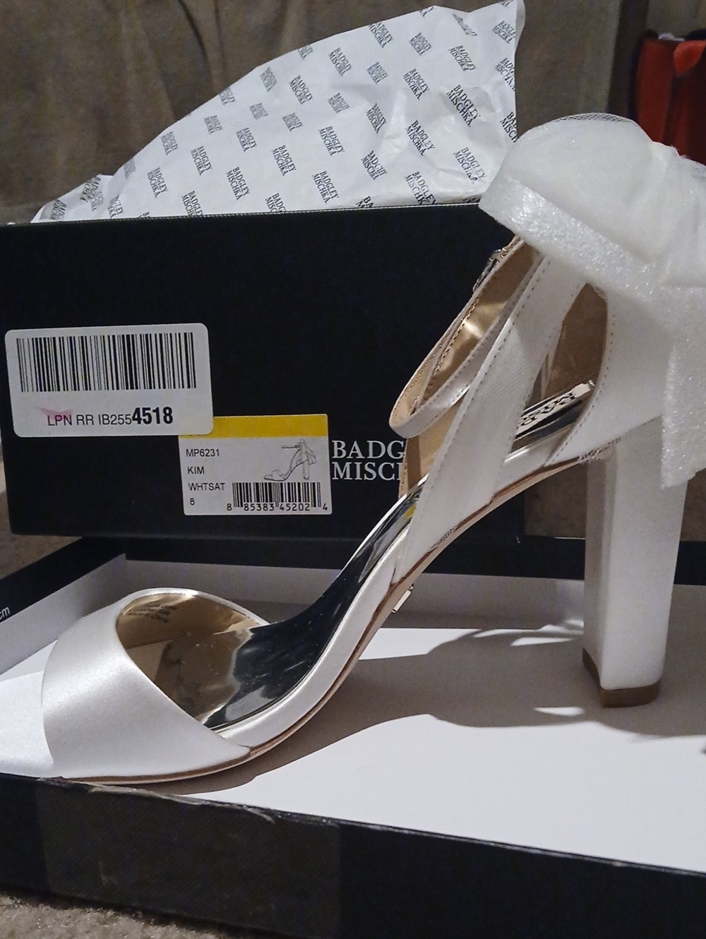 Badgley Mischka White Satin Block Heel Sandals with Bow